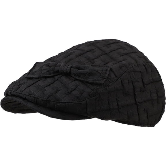 Hsqqdc Women Plaid Bow Knot Newsboy Cap Pleated Cotton Flat Cabbie Beret Hat Black