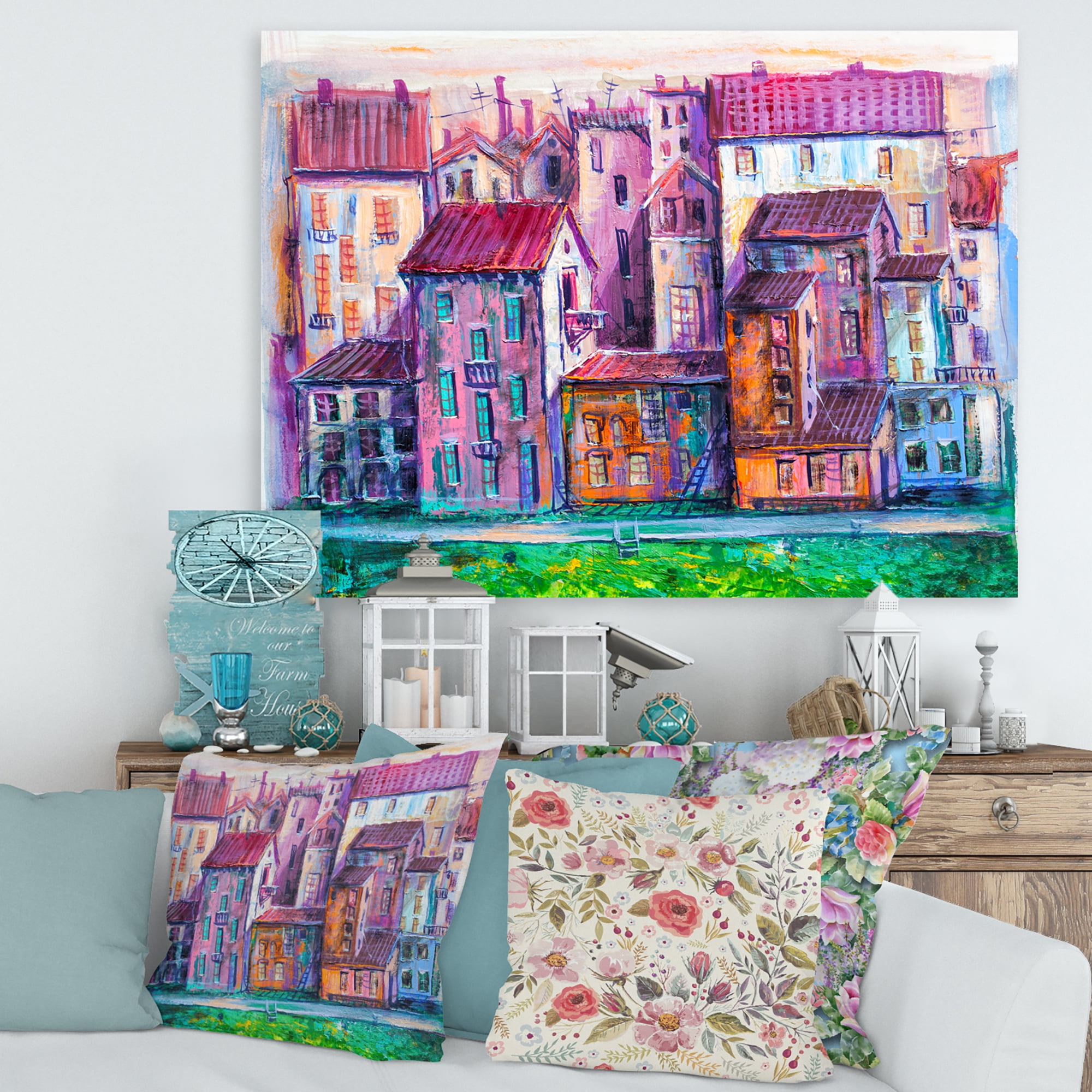 Street With Colorful Old Homes Landscape 32 in x 24 in Painting Canvas Art Print, by Designart