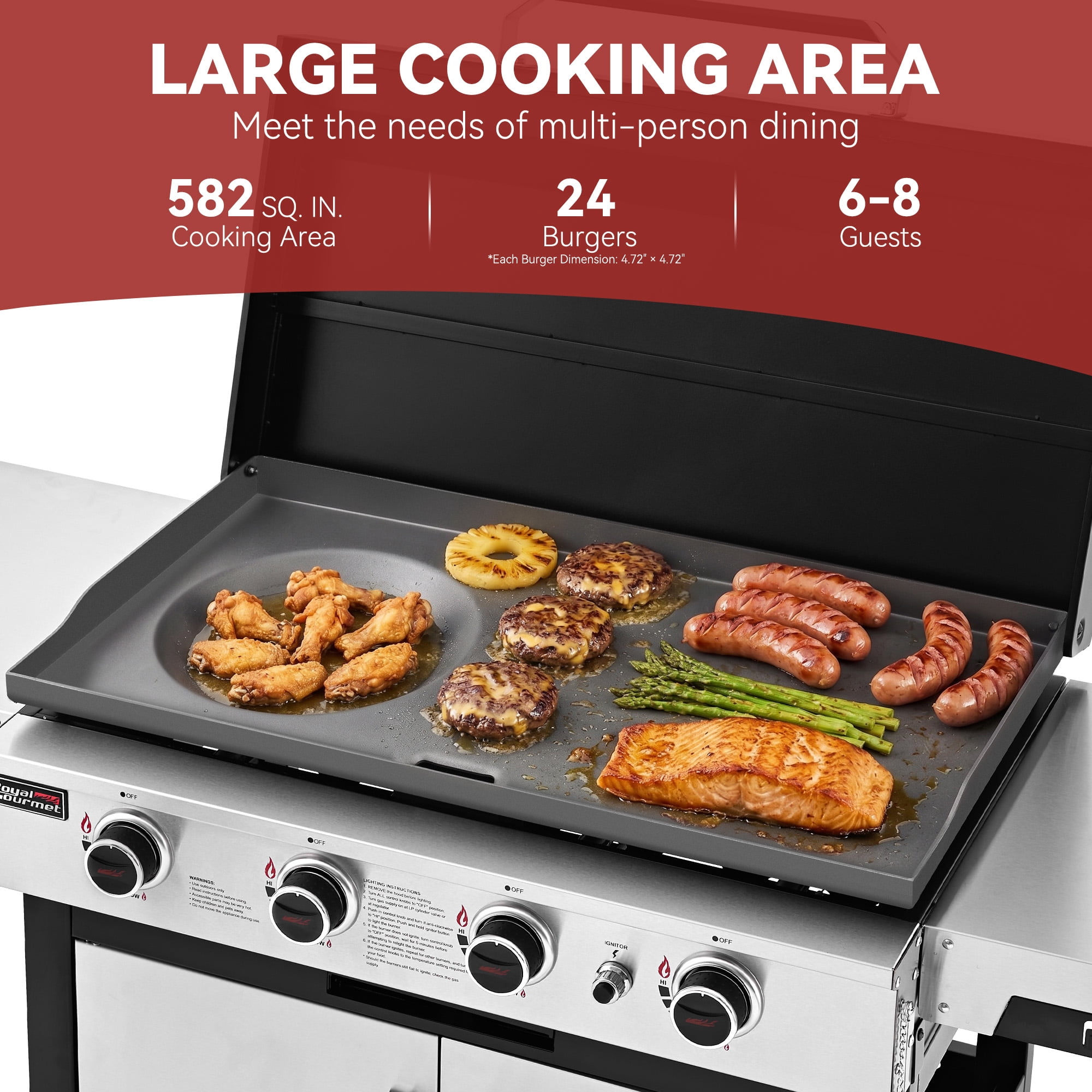 Royal Gourmet GB4008A 4-Burner Gas Griddle with Folding Stainless Steel Side Shelves, Silver & Black