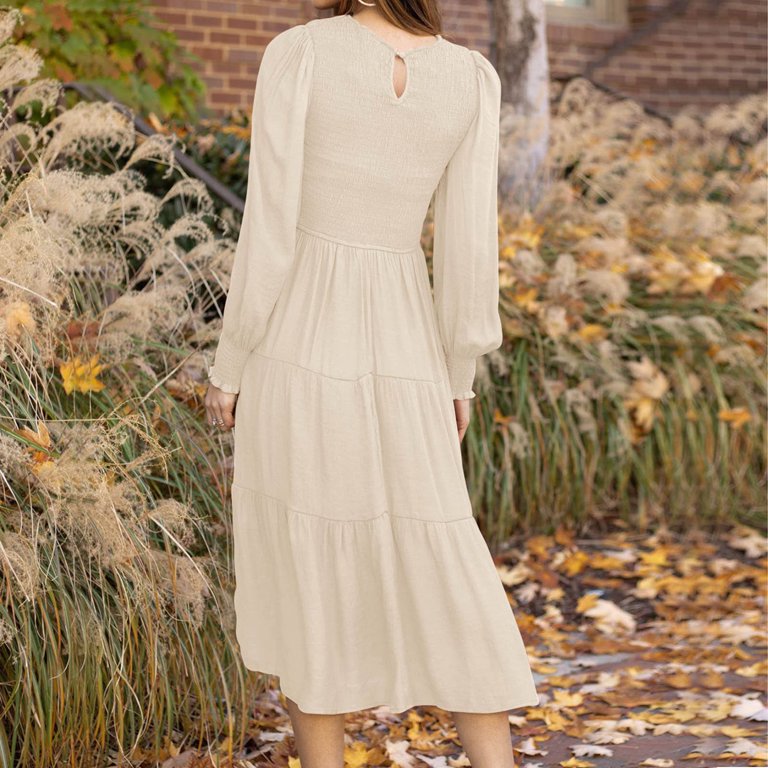 chinese dress ladies Allie Long Sleeve Embroidered Midi Dress in Beige main image 0