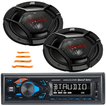 Dual XRM59BT Single DIN Bluetooth USB/AUX AM/FM Radio Digital Media Car Audio Receiver, 2x JVC CS-DR6931 DRVN Series 6x9" 500 Watt Max Power 3-Way Coaxial Automotive Speakers, 4-Piece Pry Tool Set