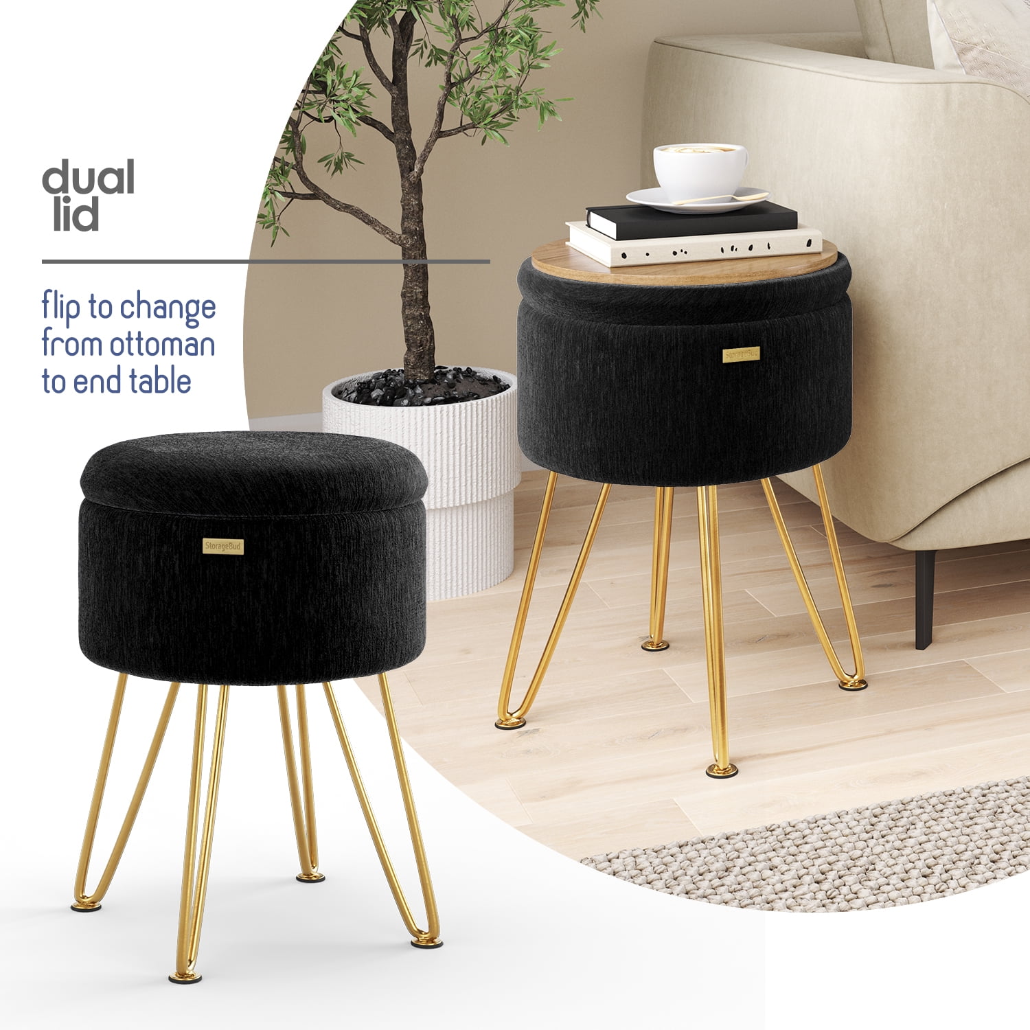Hearth & Harbor Round Ottoman with Storage, Luxurious Foot Stool and Chic Vanity Stool with Storage, Elegant Textured Velvet Black