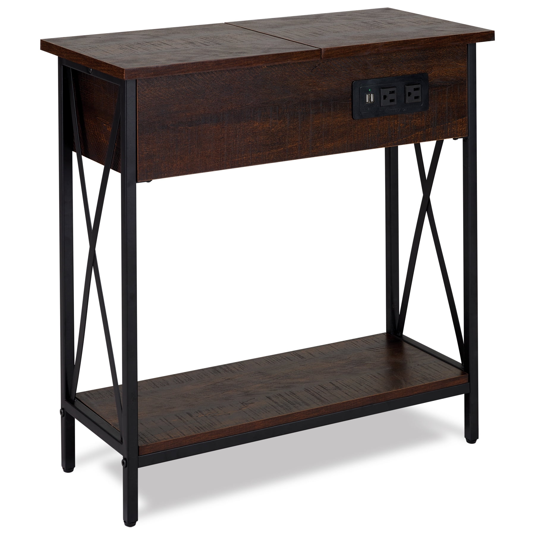 DecorTech Metal and Wood Flip Top End Table with AC Power and USB Charging Ports, Walnut