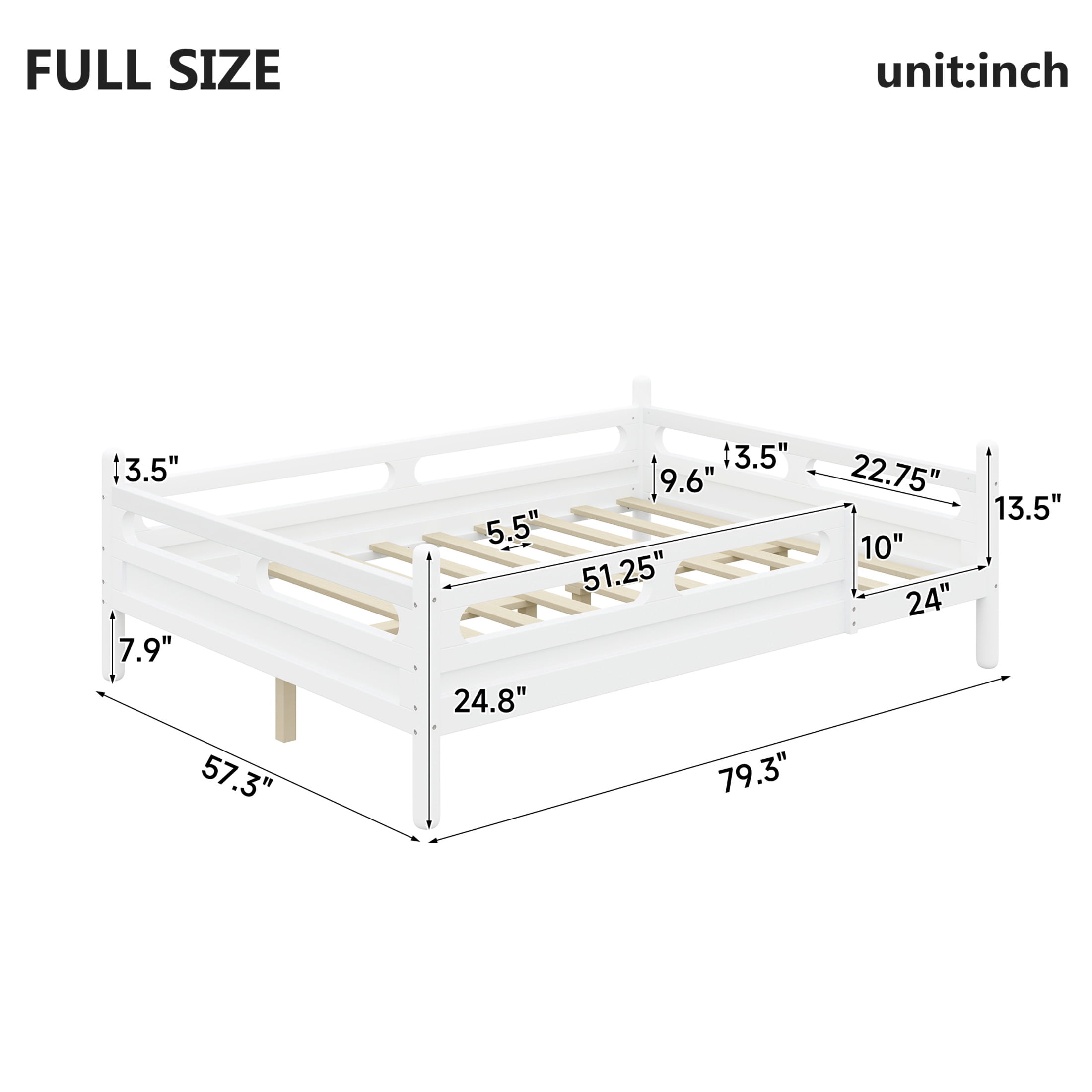 Noble House Full Size Kids Bed Frame with Safety Rails, Low Profile Design & Slat Support, White