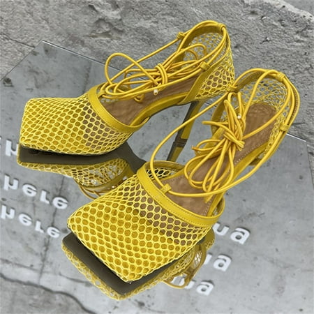 

Women Dress Shoes Hollow Cross-tied Stiletto Square Toe High Heel Mesh Pumps Sandals YELLOW 40