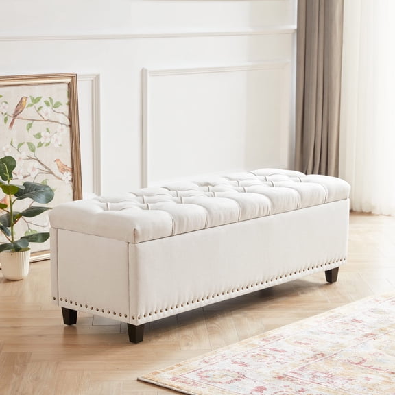 Beige Linen-Look Tufted Storage Bench with Nailhead Trim, 50.8 Inch