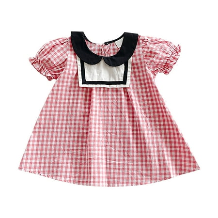 

TAIAOJING Girls Boho Flower Dress Summer Plaid Dress Bubble Sleeves Turn Crew Neck A Swing Casual Going Out Cute Sundress 5-6 Years