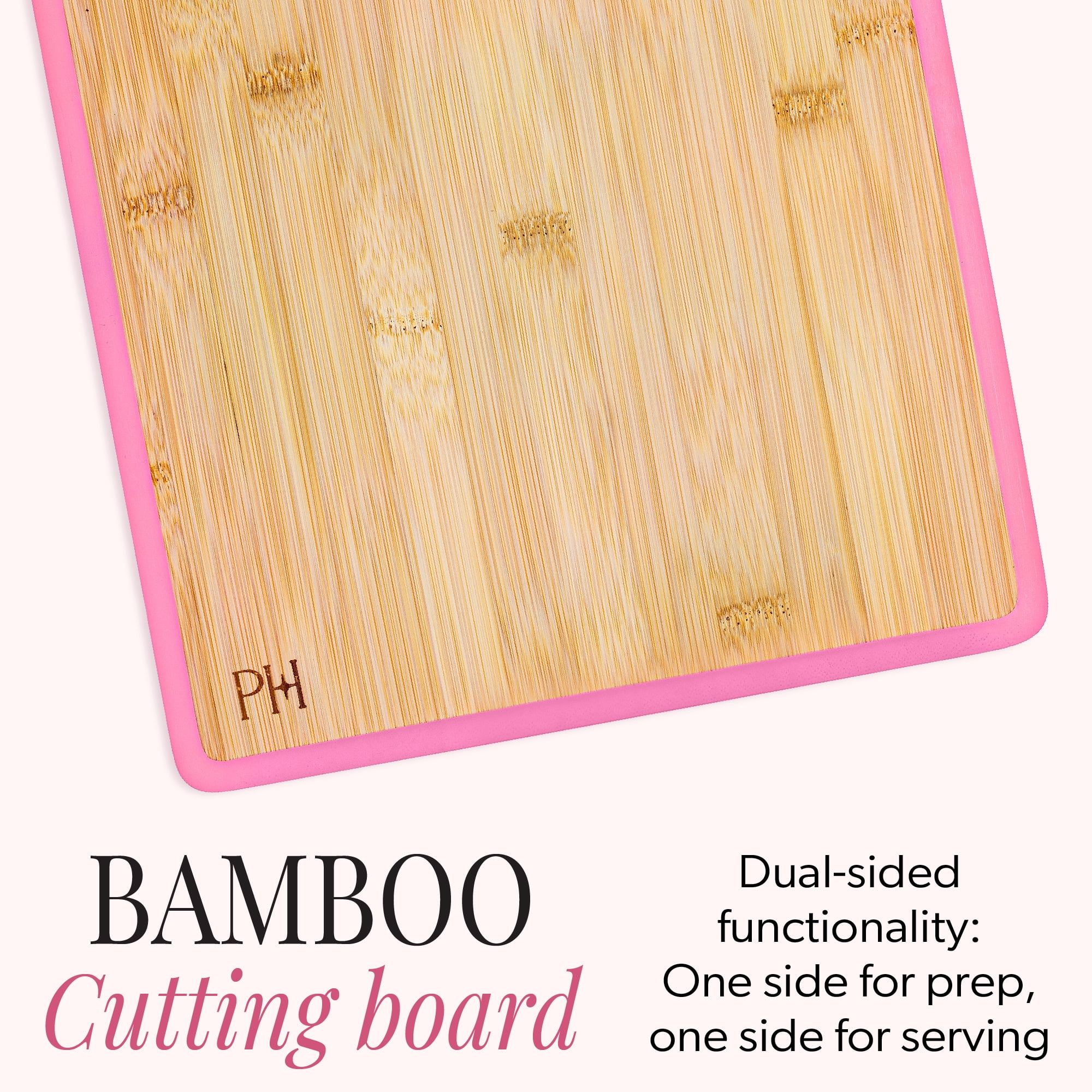 Paris Hilton 6-Piece Cutlery Set with 11 x 14 Inch Dual-Sided Bamboo Cutting Board, Stainless Steel Blades with Cherry Design, Blade Guards, Pink