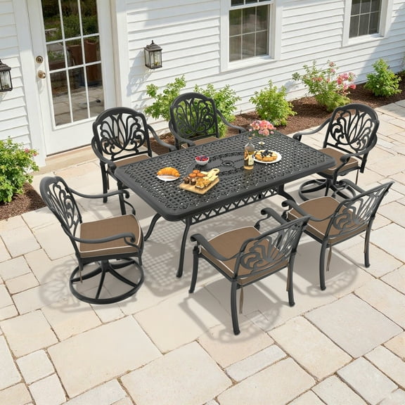 Hzzkey 6-Person Rectangular Cast Aluminum Patio Set with 2 Swivel Chairs,Cushions & Umbrella Hole