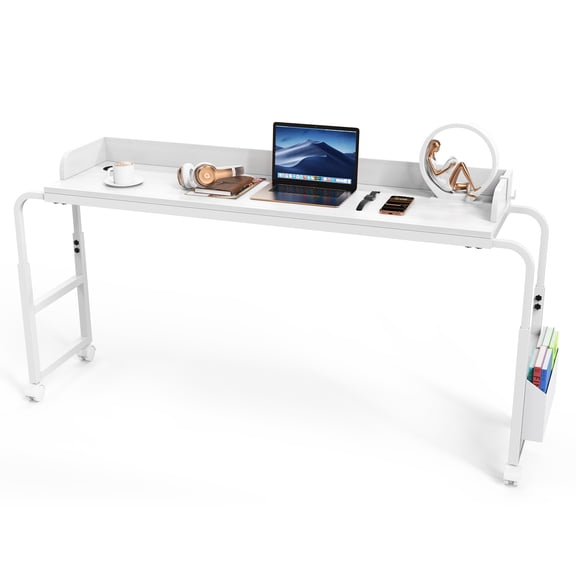 VVFLU Overbed Table with Wheels, Mobile Bed Table with Adjustable Height Length, Desk for Bed Queen Size with Charging Station and LED Light, Rolling Table for Eating, Laptops, Hospitals