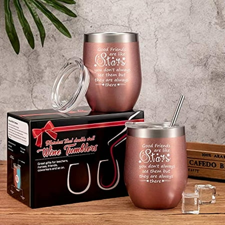 

2 Pack Good Friends Are Like Stars Wine Tumbler Cup Christmas Friendship Gift Funny Long Distance Birthday Xmas Gift for Women BFF Coworkers Soul Sister Tumbler Mug with Gift Box (Rose Gold)