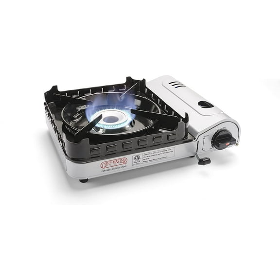 Chef Master 90019 Portable Butane Stove, 15,000 BTU Single Burner Gas Stove, Camping and Backpacking Essentials, Piezo Electric Ignition, Double Wind Guard Burner, Hard Carrying Case