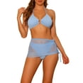 thumbnail image 1 of Bikinis de Halter de Anillo Vinculado para Mujeres, Conjuntos de Baño de 3 Piezas con Falda de Malla con Cordón Color Azul Medio, 1 of 5