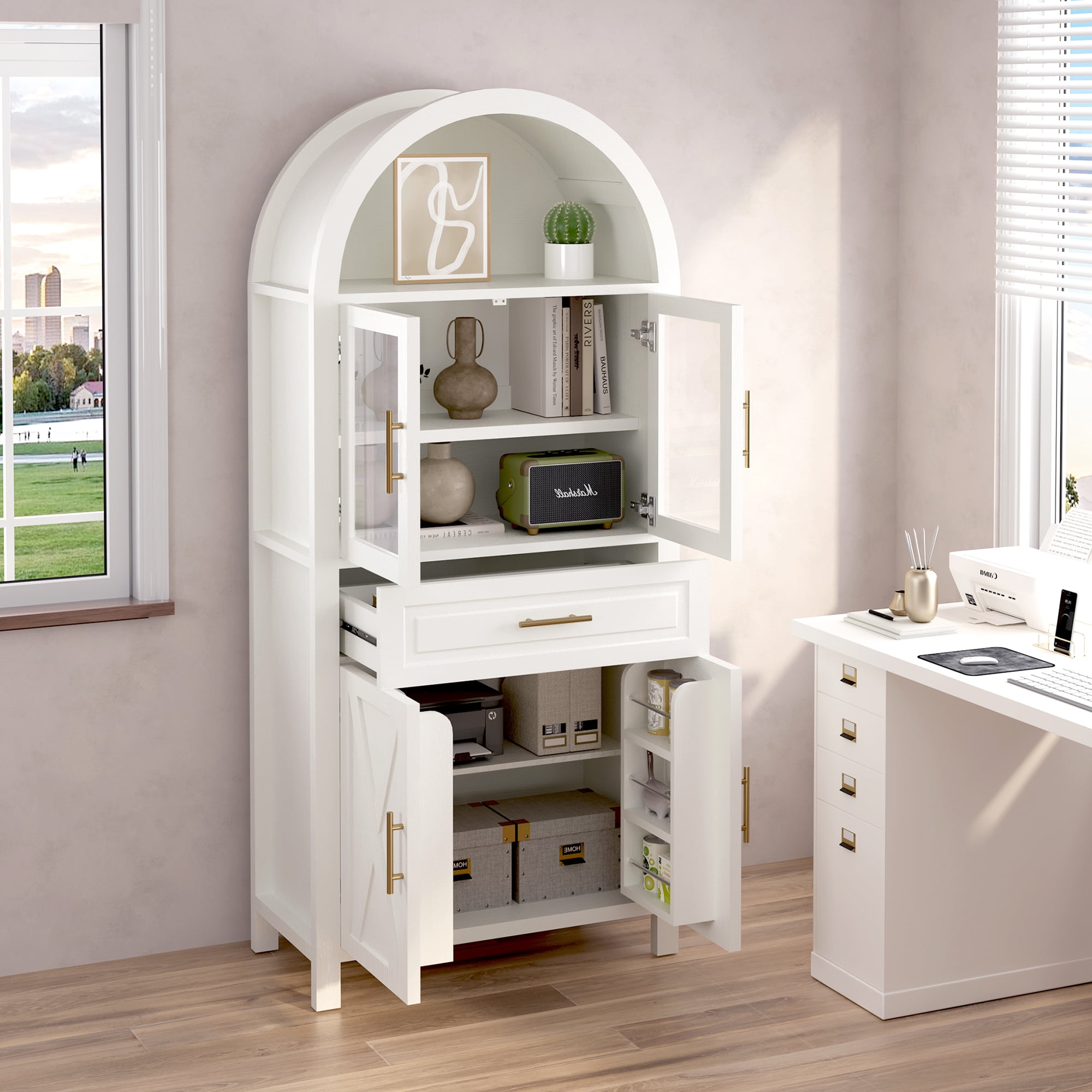 Mintazer Arched Farmhouse Kitchen Pantry Cabinet with Glass Doors, 71" Tall Freestanding Storage with Adjustable Shelves & Drawer for Kitchen Living Room Dining Room, White
