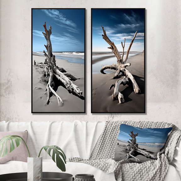 Designart "Driftwood on the Beach II" Coastal Beach Framed Wall Art Set Of 2 - Blue Beach Gallery Wall Frame Set For Home Decor