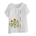 thumbnail image 4 of Lovskoo Oversize Cotton Linen Tops for Women Floral Butterfly Print Summer Blouses Casual Round Neck Short Sleeve Loose Shirt White, 4 of 5