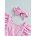 thumbnail image 5 of Baby Girl Square Neck Fly Sleeve Solid Color Elastic Waist Bodysuit Romper Bow Hairband, 5 of 9