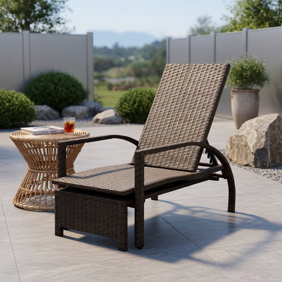 Resenkos Outdoor Chaise Lounge Chair, Patio Chaise Lounge Outdoor Rattan Lounge Chair with Retractable Ottoman, Portable Recliner for Lawn Garden Beach Yard