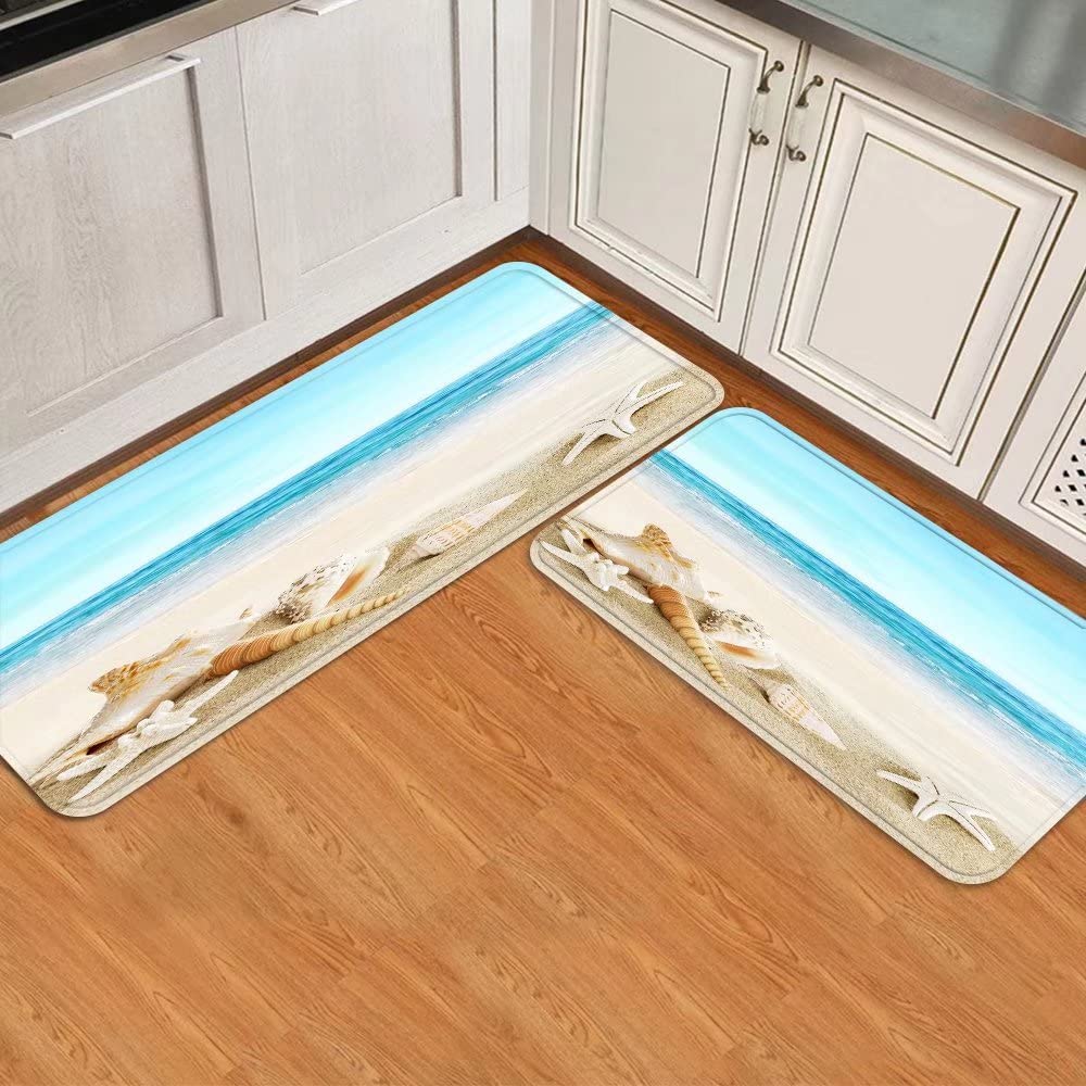 Seashell Starfish Kitchen Rug Sets 2 Pieces Blue Sky Summer Seascape Sand Beach Coastal Comfort Floor Mats Washable Doormat Anti Fatigue Non-Slip Area Runner Rugs Carpet for Home Kitchen Bedroom
