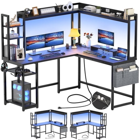 Homieasy L Shaped Desk with Power Outlet and LED lights, Reversible Corner Computer Desk with Hutch and Storage Shelf, Ergonomic L-Shaped Gaming Desk with Monitor Stand for Home Office, Black