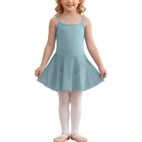 Green Girls Ballet Dress Leotard with Attached Chiffon Skirt Adjustable Spaghetti Strap Nylon Spandex Dance Wear for Kids,Size 7-8T