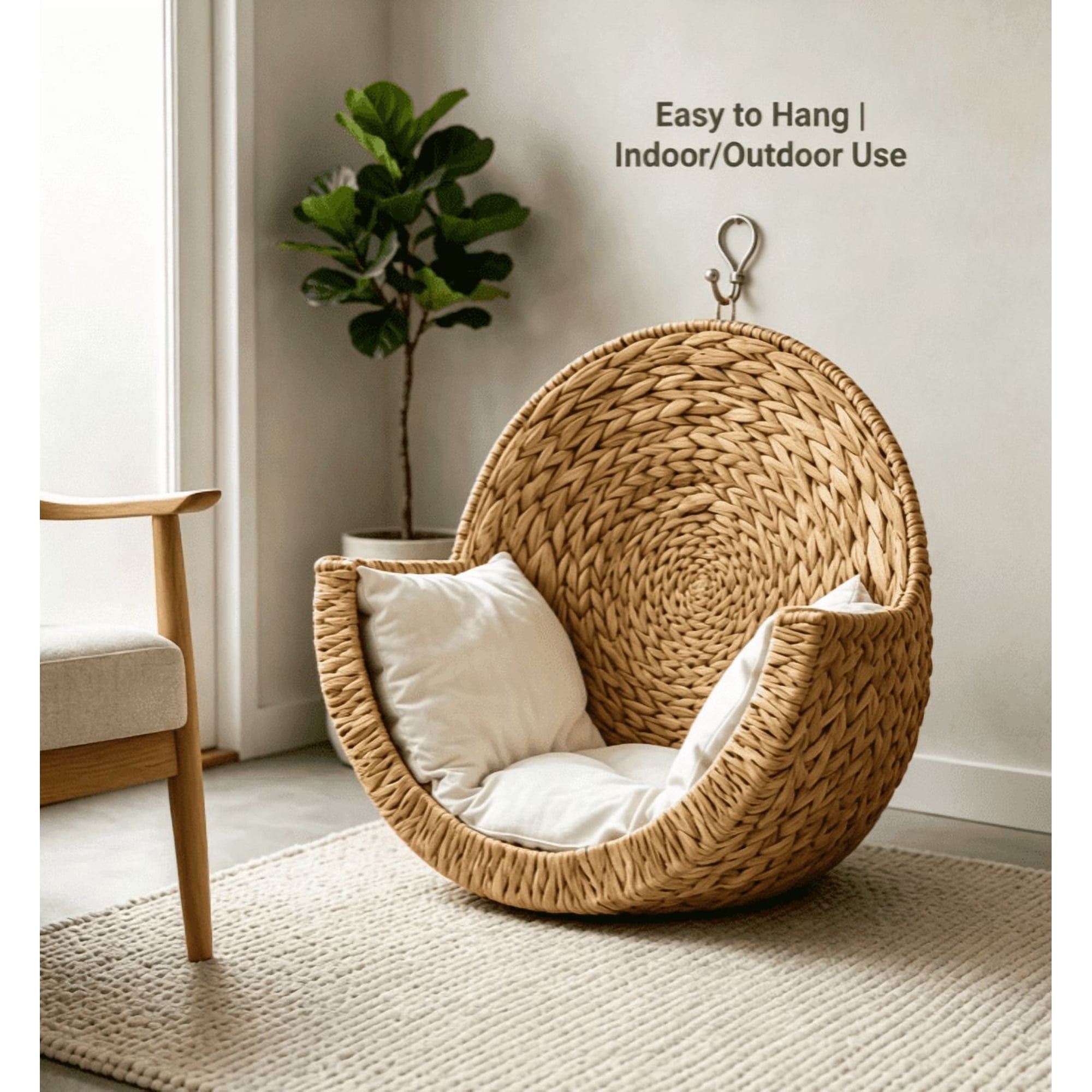 Hanging Woven Cat Bed Handwoven Breathable Wall Mount Cat Perch Easy To Install Hardware Included Cozy Rest Spot with Washable Cushion for Indoor Cats