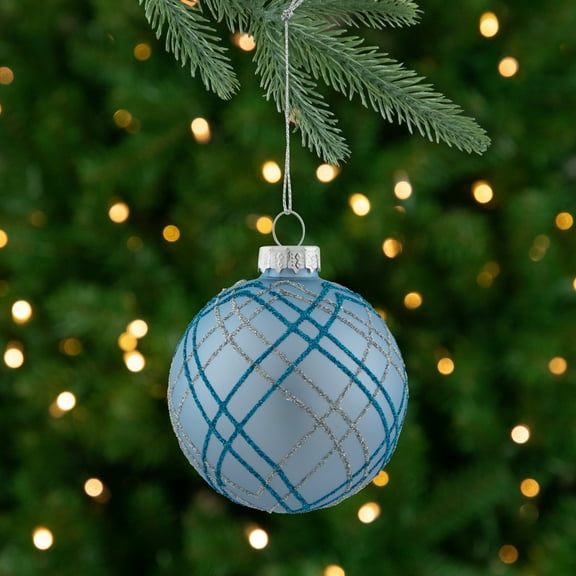 Northlight 4ct Blue and Silver Plaid Glitter Glass Christmas Ornament Ball Set 2.75" (70mm)