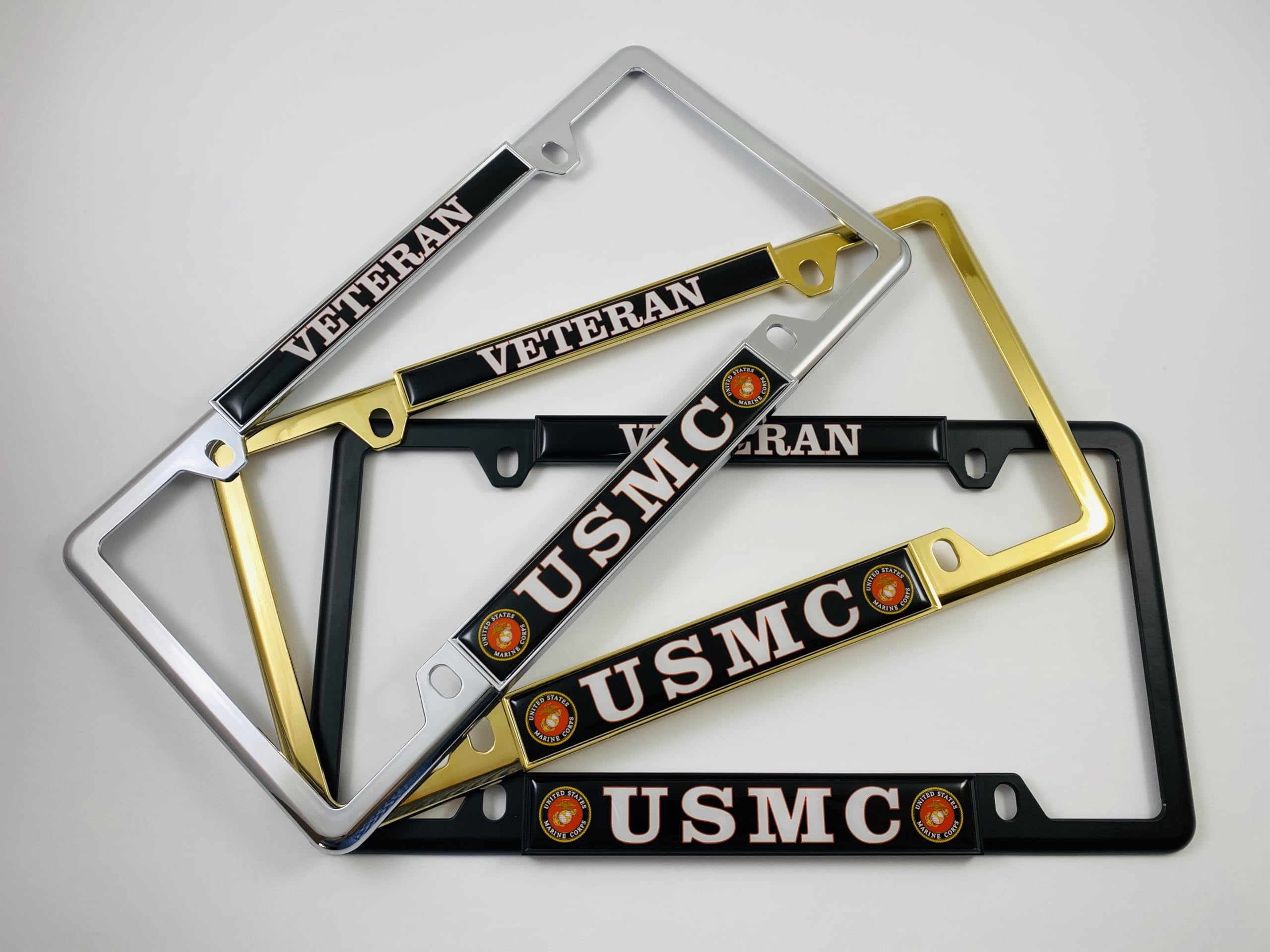 [Officially Licensed US Marine Corps Product] - USMC Veteran - Domed Custom-Made Personalized Narrow (Thin) Top 4 Hole Metal Car License Plate Frame with Free caps - Black Frame (Qty: 1)