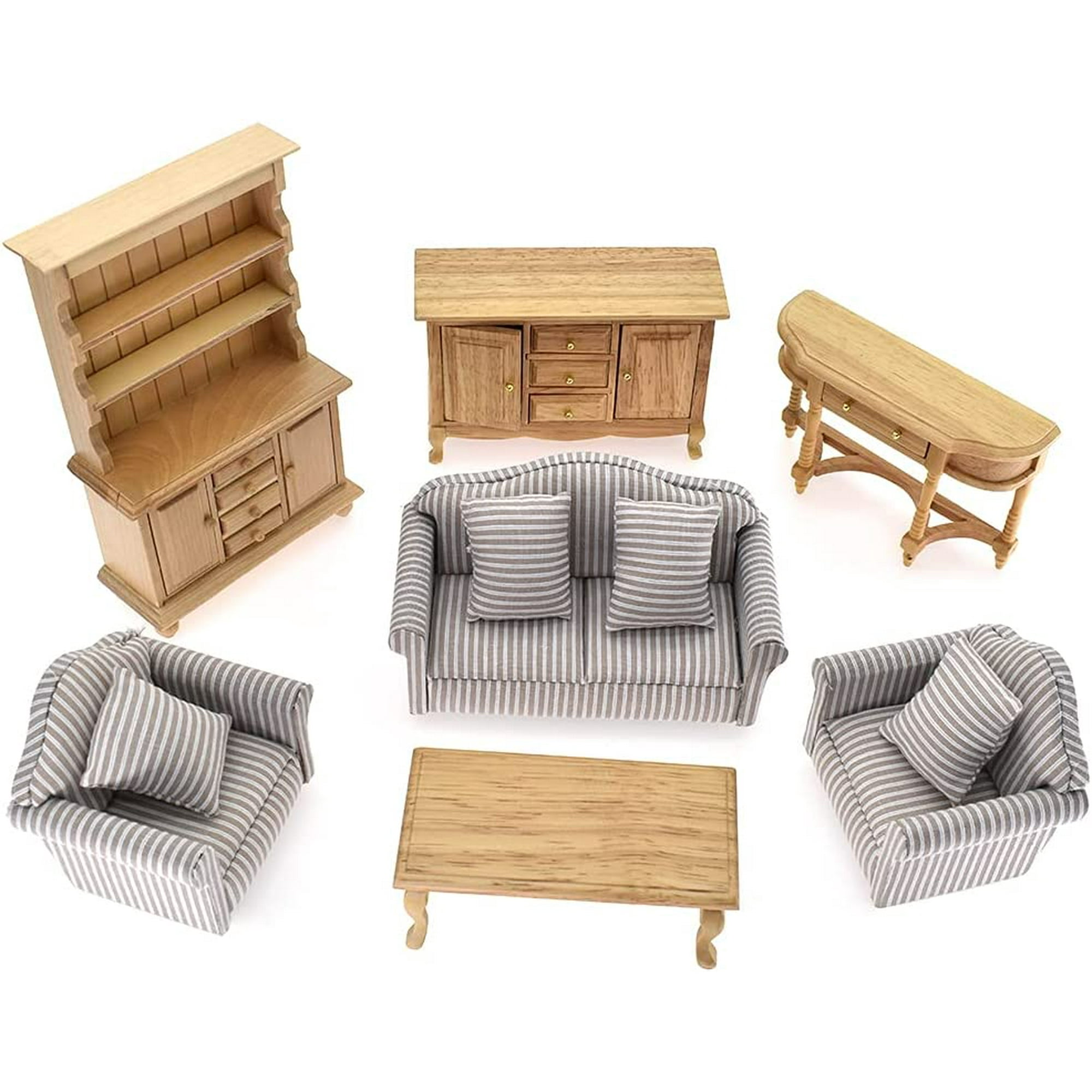 Yeegool Mini Wooden Doll House Furniture Set Doll House Living Room Sofa Cabinet Coffee Table Classic Doll Furniture 7 Pieces