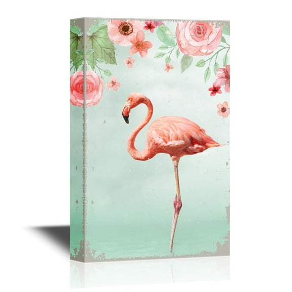 wall26 - Canvas Wall Art - Pink Flamingo Standing with One Leg in Water with Flowers - Gallery Wrap Modern Home Art | Ready to Hang - 32x48 inches