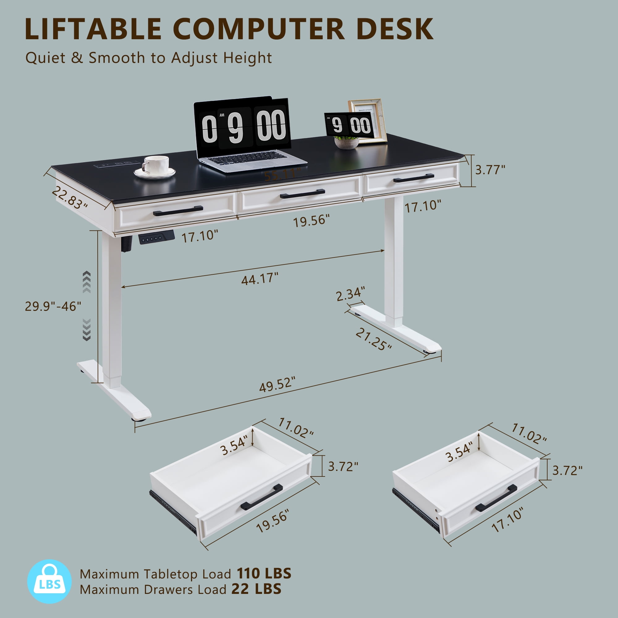 wow97e Electric Standing Desk, 55" x 22" Adjustable Height Office Computer Desk with 3 Storage Drawers, Sit Stand Up Desk with Power Outlets for Study and Home