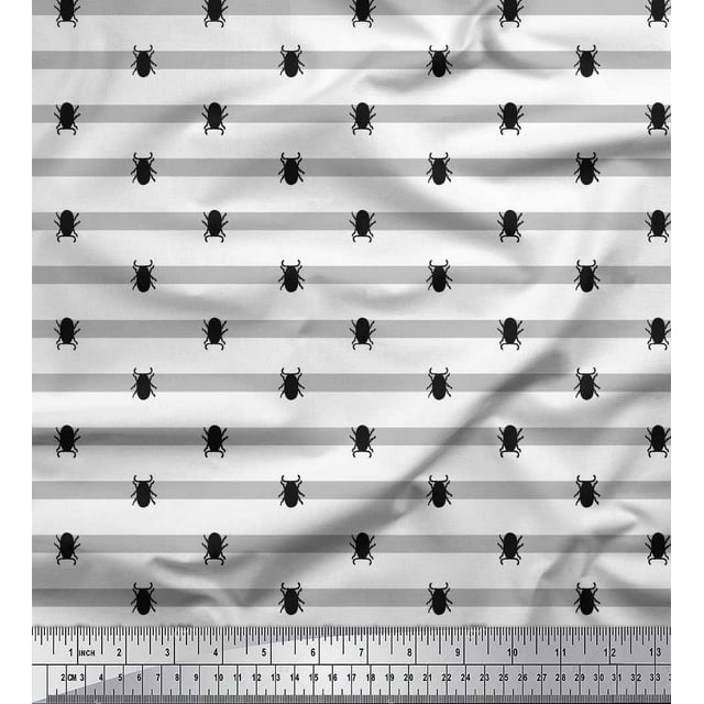 Soimoi White Rayon Fabric Stripe & Beetles Insects Print Fabric by the Yard 42 Inch Wide