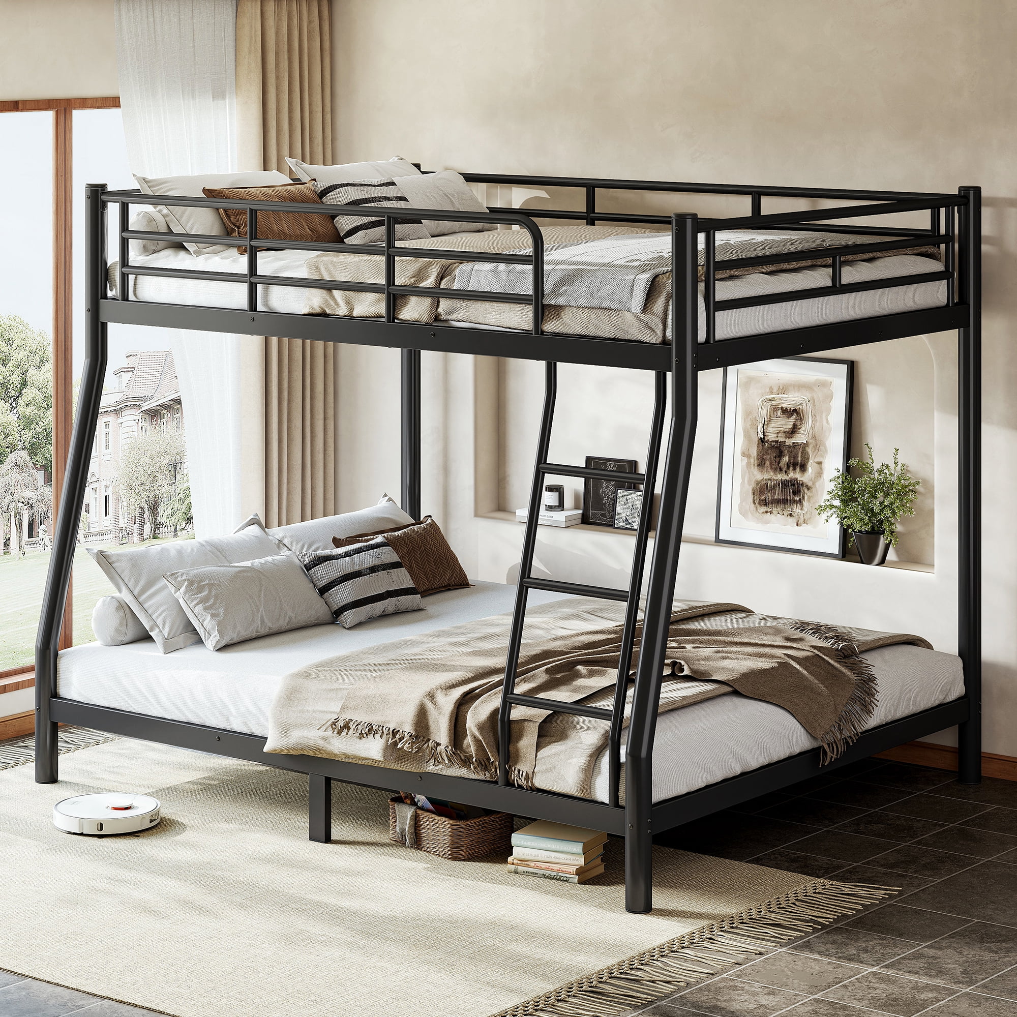 Leumius Full over Queen Metal Bunk Bed Frame with Dual Guardrails and Ladders, Heavy-Duty Quiet Design,Noise-Reduced,Black