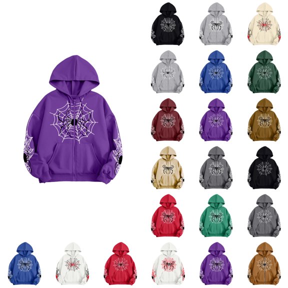 OIOLOYJM Spider Web Zip Up Hoodies Women Oversized Long Sleeve Halloween Graphic Holiday Casual Hooded Jackets Y2K Fashion Spooky Party Going Out Streetwear with Pockets