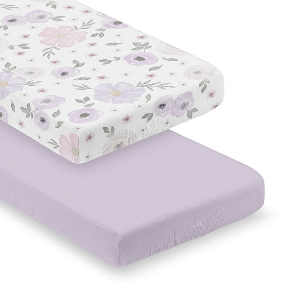 Sweet Jojo Designs Watercolor Floral Lavender and Grey Girl 100% Cotton Muslin Fitted Crib Sheets Set 2 Piece