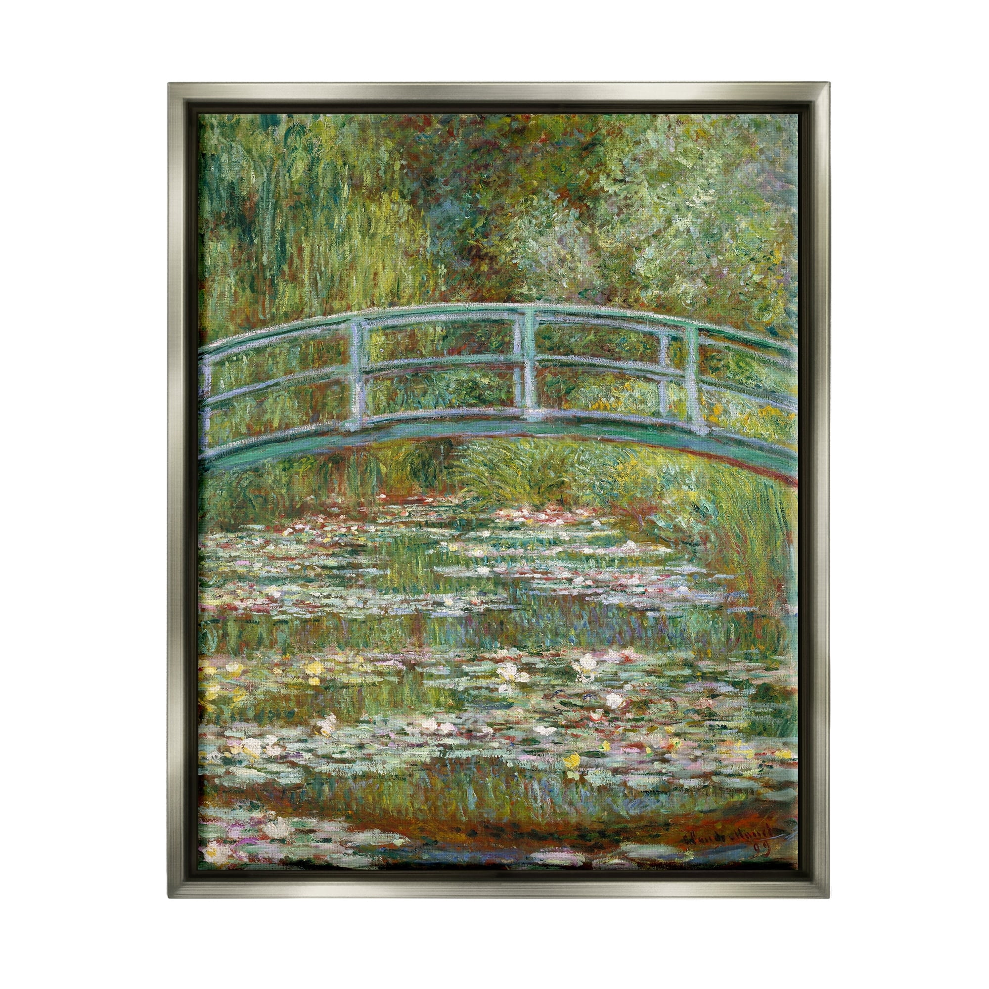 Stupell Industries Bridge Over Lilies Monet Classic Painting Luster Gray Framed Floating Canvas Wall Art, 16x20, by Claude Monet