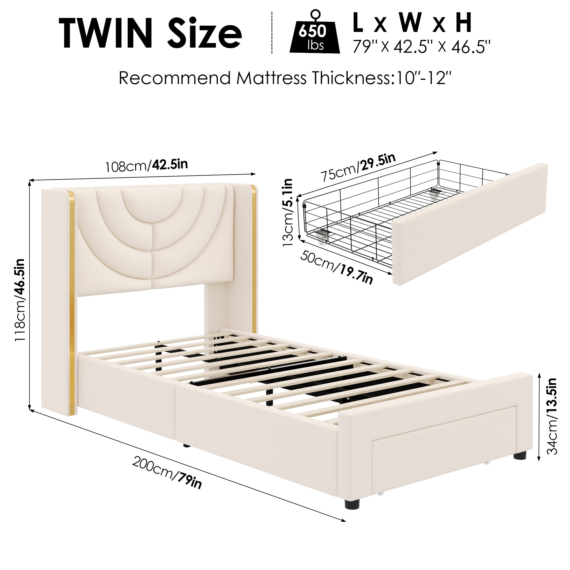 Homfa Twin Size LED Bed Frame with Storage, Wingback Platform Bed with Velvet Upholstered Headboard, Off-White