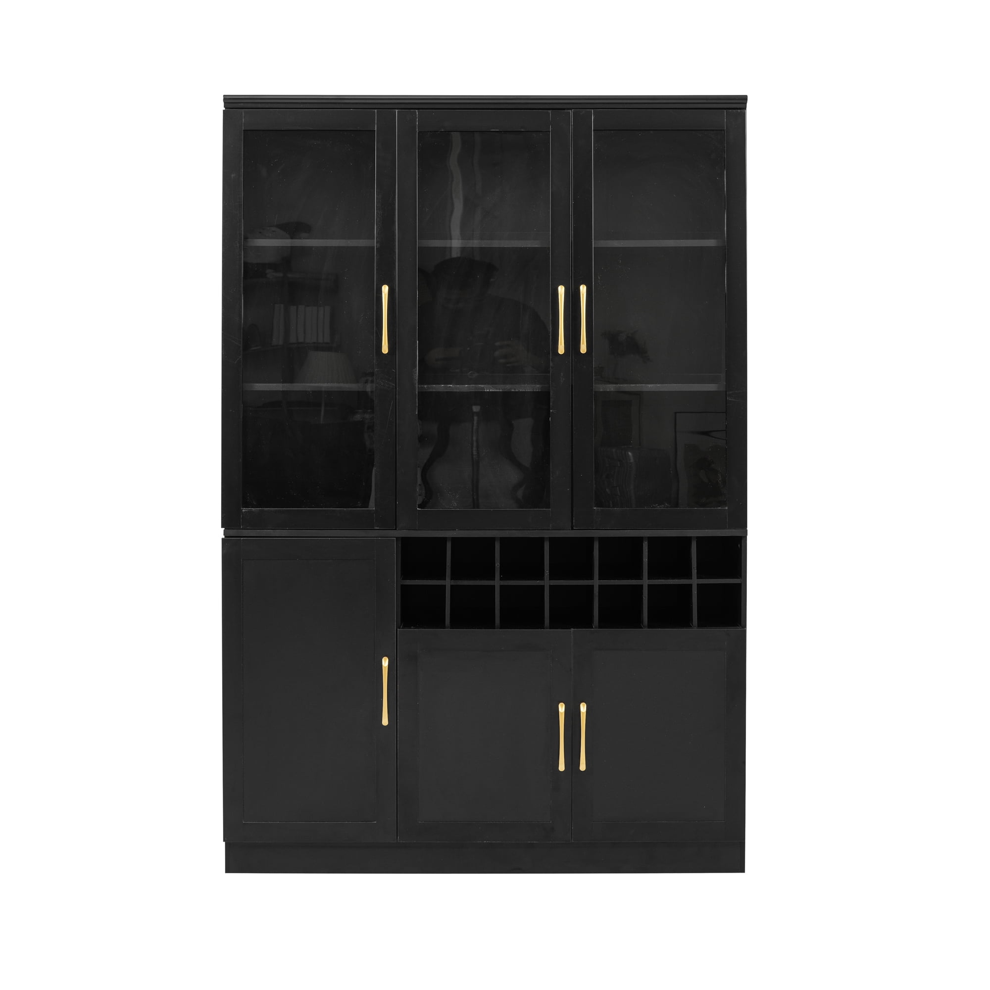Euroco 70" Tall Wine Bar Cabinet with Glass Doors,Modern Coffee Liquor Cabinet with Removable 14-Bottle Wine Rack & Built-in Door Shelves,Large Pantry Cabinet for for Kitchen Dining Room,Black