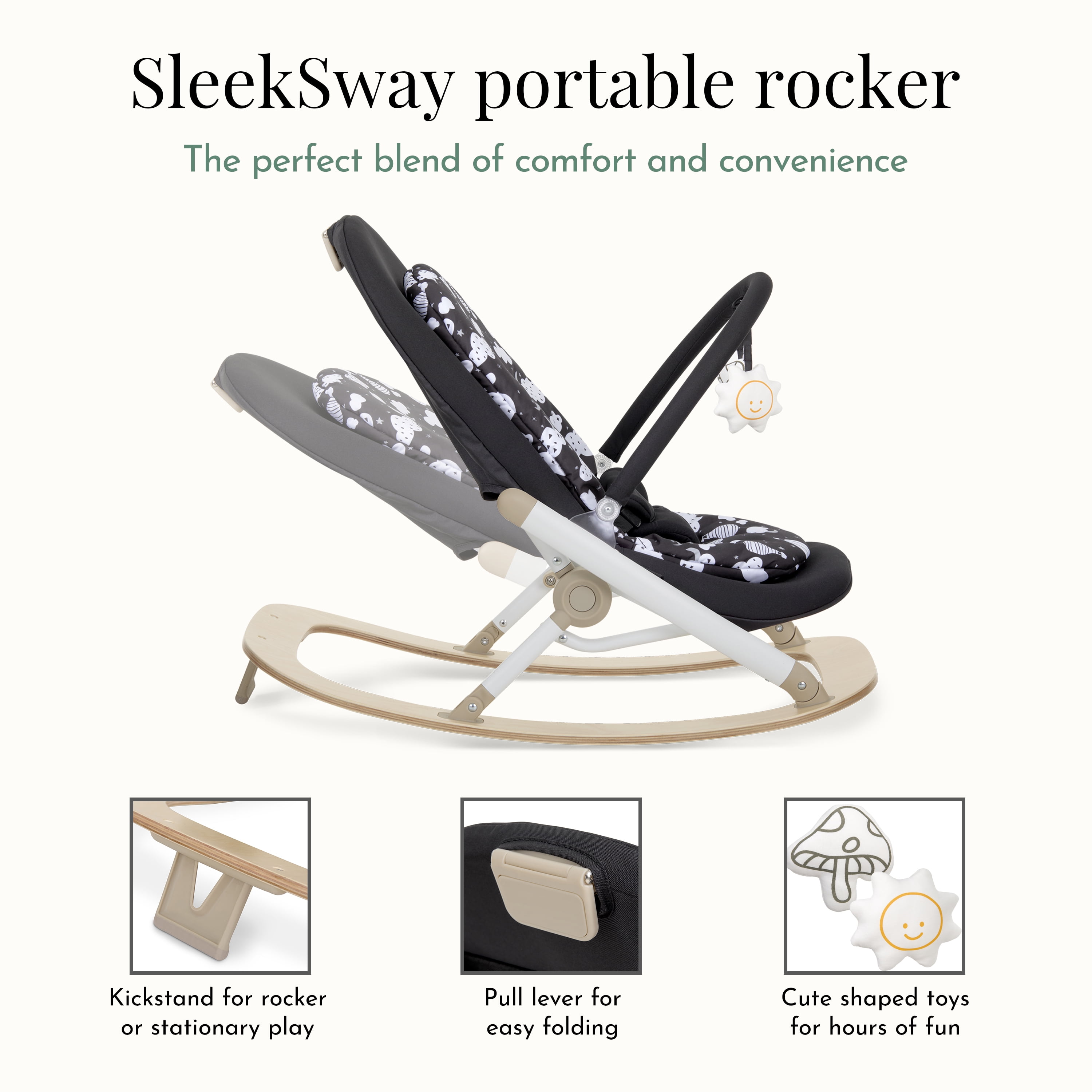 Dream On Me SleekSway Portable Rocker Chair, Black White, Adjustable Baby Bouncer