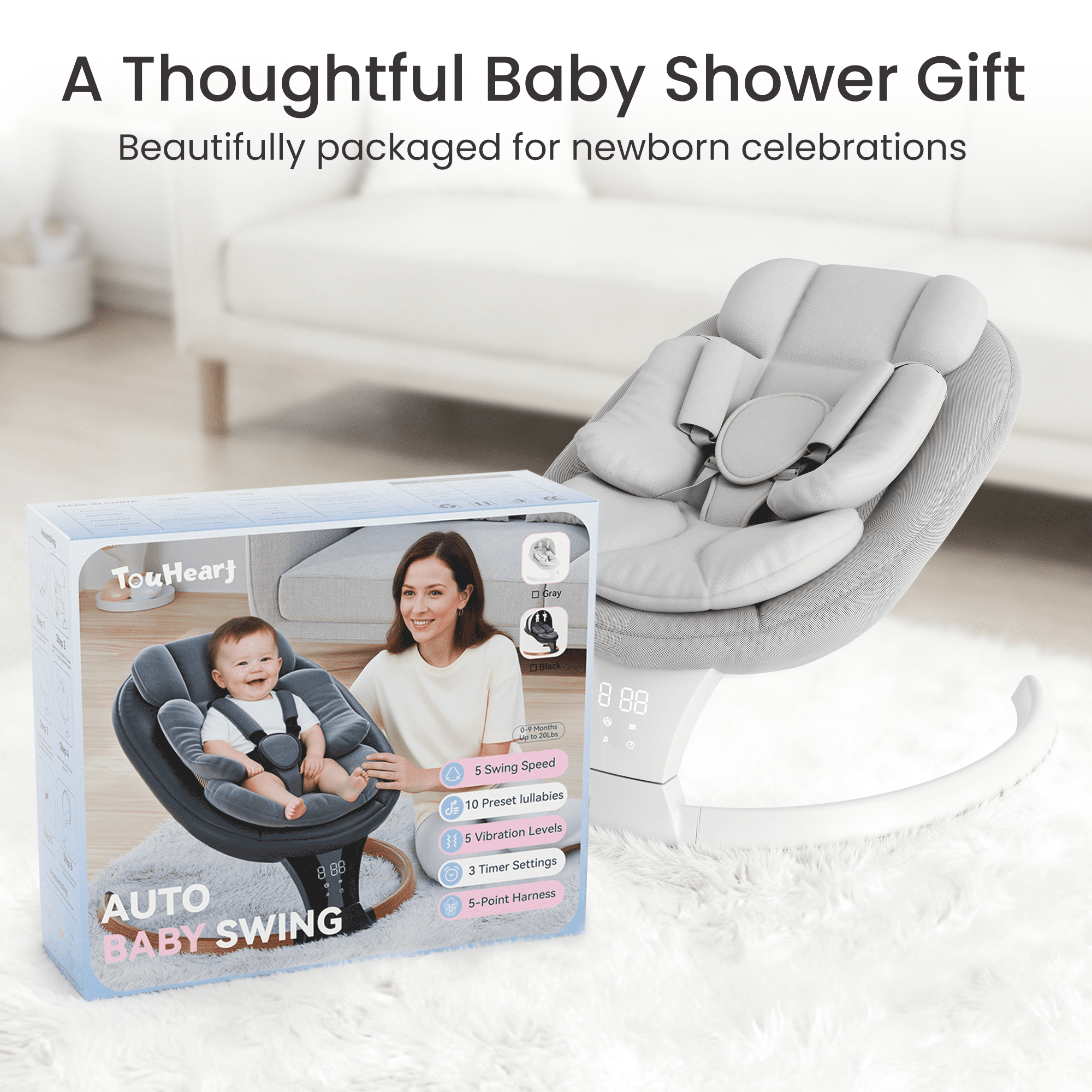 TouHeart Electric Baby Swing for Infant,5-Speed Sway & Vibration, Remote Control,10 Lullabies,Gray