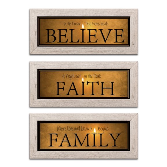 Gango Home Decor Contemporary Family, Believe, & Faith; Three 18x6in Art Prints in Distressed White Frames