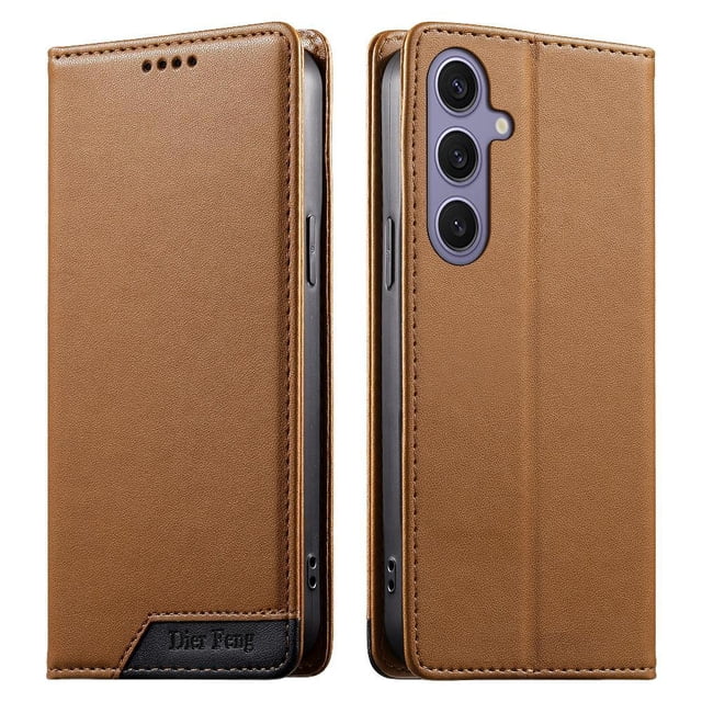 Funda Tipo Cartera de Cuero Sintético para Samsung Galaxy S24 Plus Bloqueo RFID, con Ranuras para Tarjetas y Bolsillo para Efectivo, Cierre Magnético Fuerte Marrón