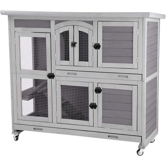 Aivituvin Two Story Rabbit Hutch Bunny Cage with Wheels, Indoor Outdoor Guinea Pig Cage with 2 Deep No Leak Tray