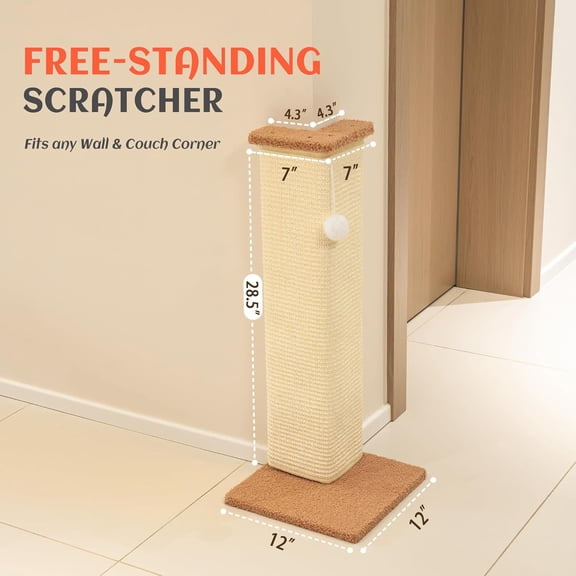 Couch Corner Cat Scratcher, 28.5" Sisal Scratching Post for Indoor Cats, Corner Wall Scratch Pad for Furniture Protection, Plush Base, Large