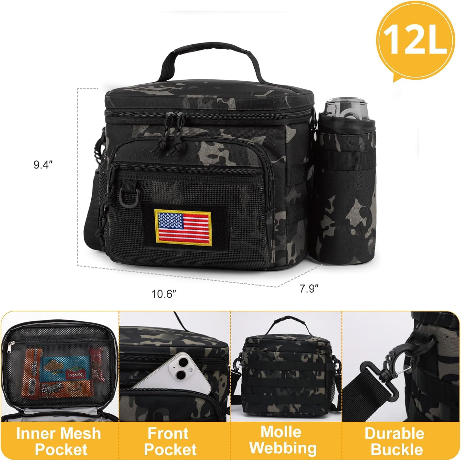 Reusable Lunch Bag for Men/Women - Insulated Lunch Box Leakproof Lunch Pail Freezable with Adjustable Shoulder Strap,Lunch Cooler Bag for Work Office Picnic Beach，Black Camo
