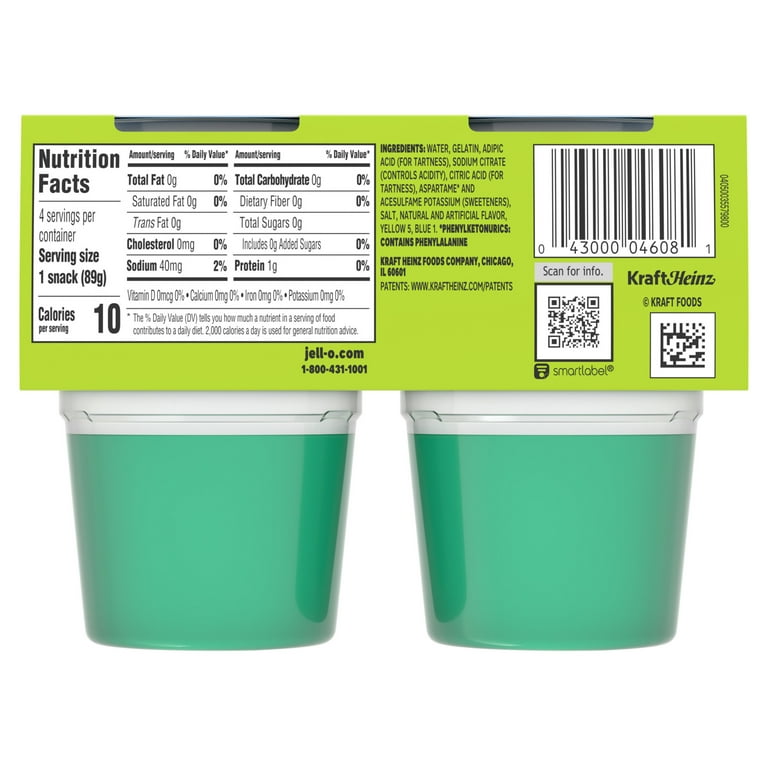 Jell-O Zero Sugar Lemon-Lime Gelatin Snack Cups, Low Sugar, 4 Ct