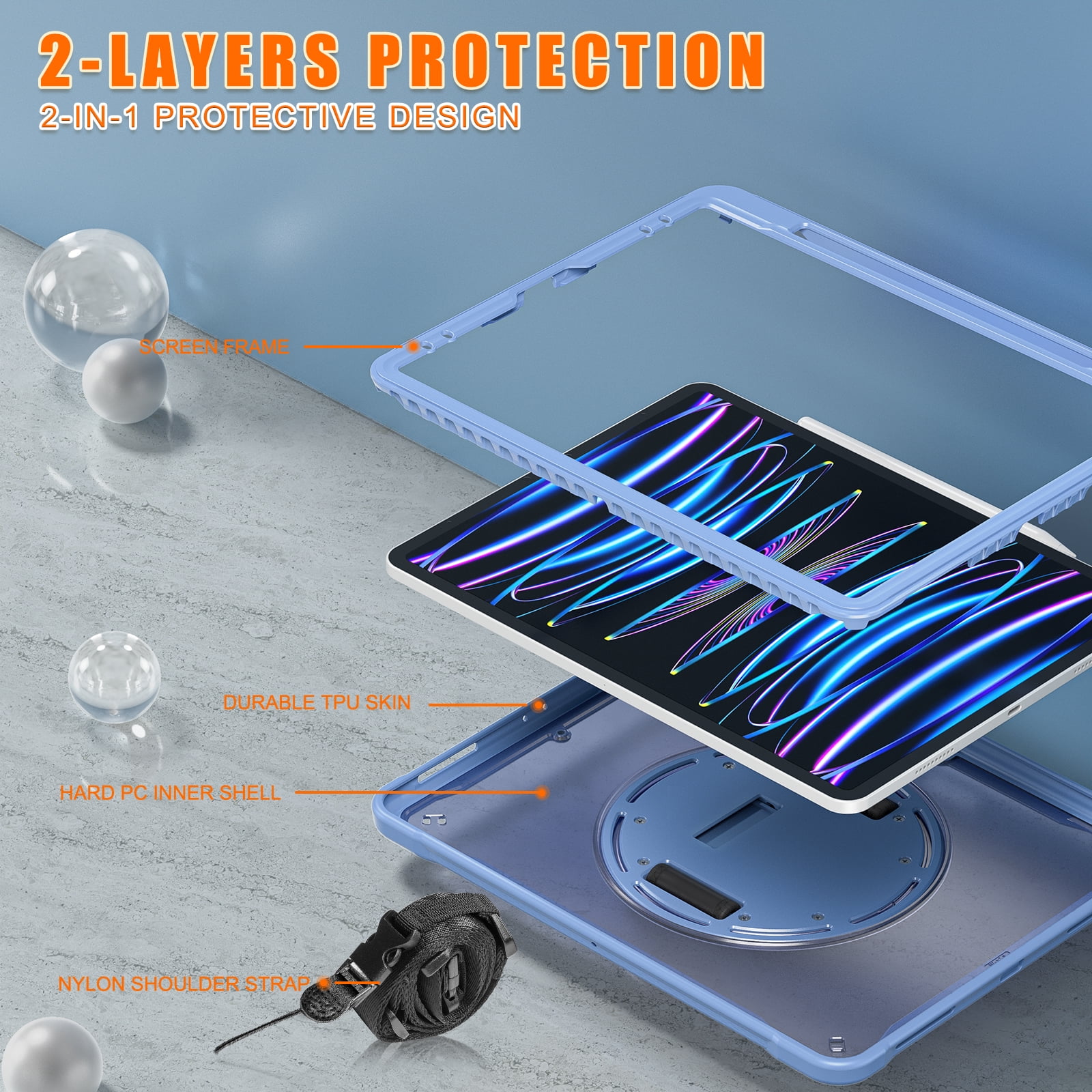Dteck Case for iPad Pro 12.9-inch 3rd/4th/5th/6th Generation (2018/2020/2021/2022),Military Grade Shockproof Silicone Cover 360° Rotatable Stand- Shoulder Strap- Handle- Pencil Holder,Grey