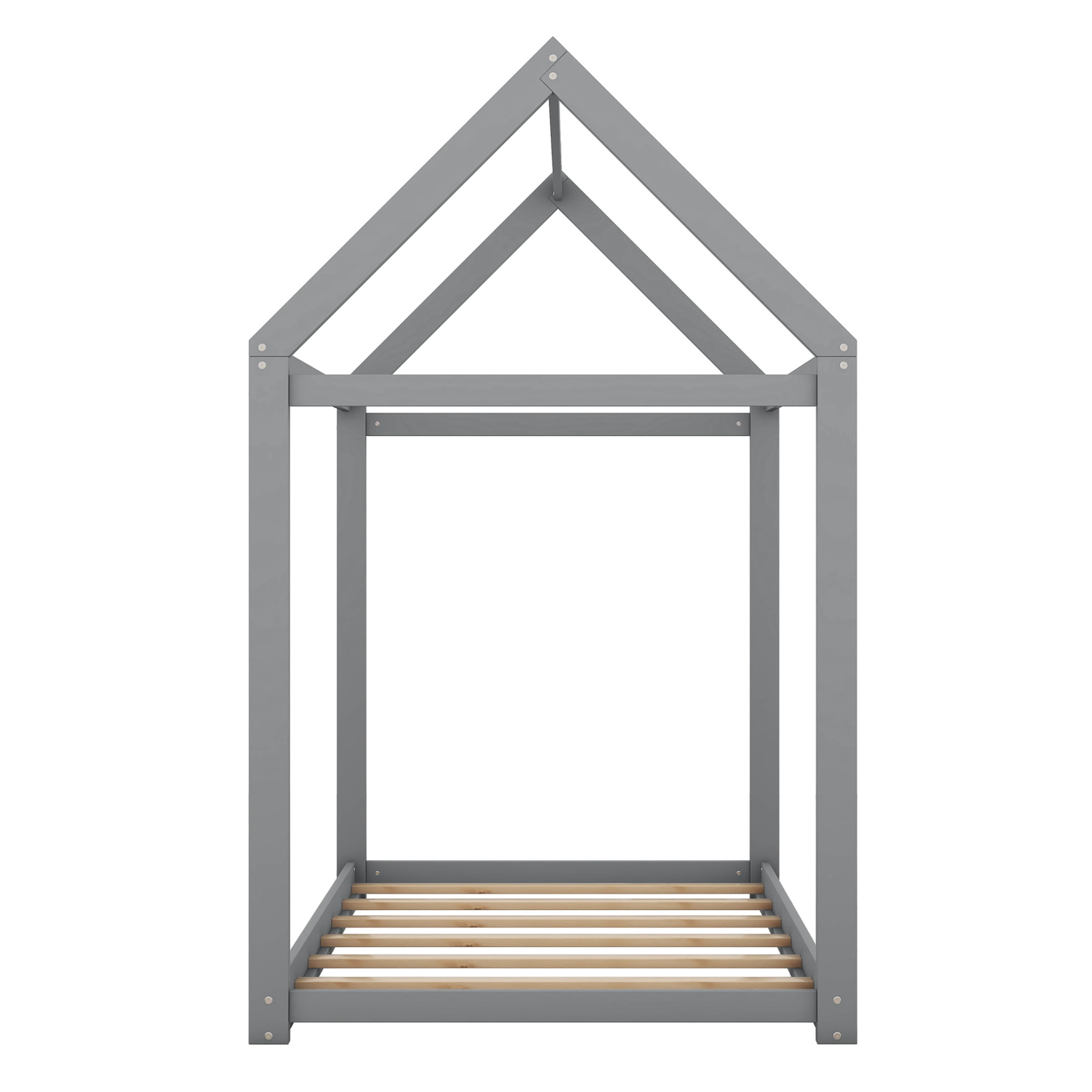 Twin House Bed, Wood Montessori Bed Frame with House Roof Canopy, Low Floor Bed with Sturdy Wood Slat Support for Kids Boys Girls, 400LBS Weight Capacity, No Box Spring Needed, Gray
