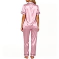 thumbnail image 4 of Cmfcve Silk Satin Pajama Set for Women Short Sleeve Button Down 2 Piece Loungewear Set Classic Lapel Tops & Long Pants Sleepwear Set, 4 of 7