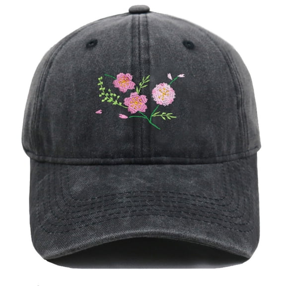 Womens Baseball Caps Wide Brim Sun Hats For Women UV Protection Hand Embroidered Flower Design Black